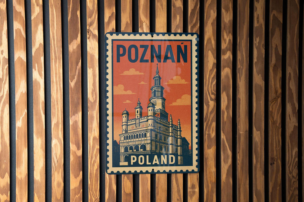 A vintage-style metal stamp depicting the Poznan Castle in Poland, with the text "POLAND" printed on it.