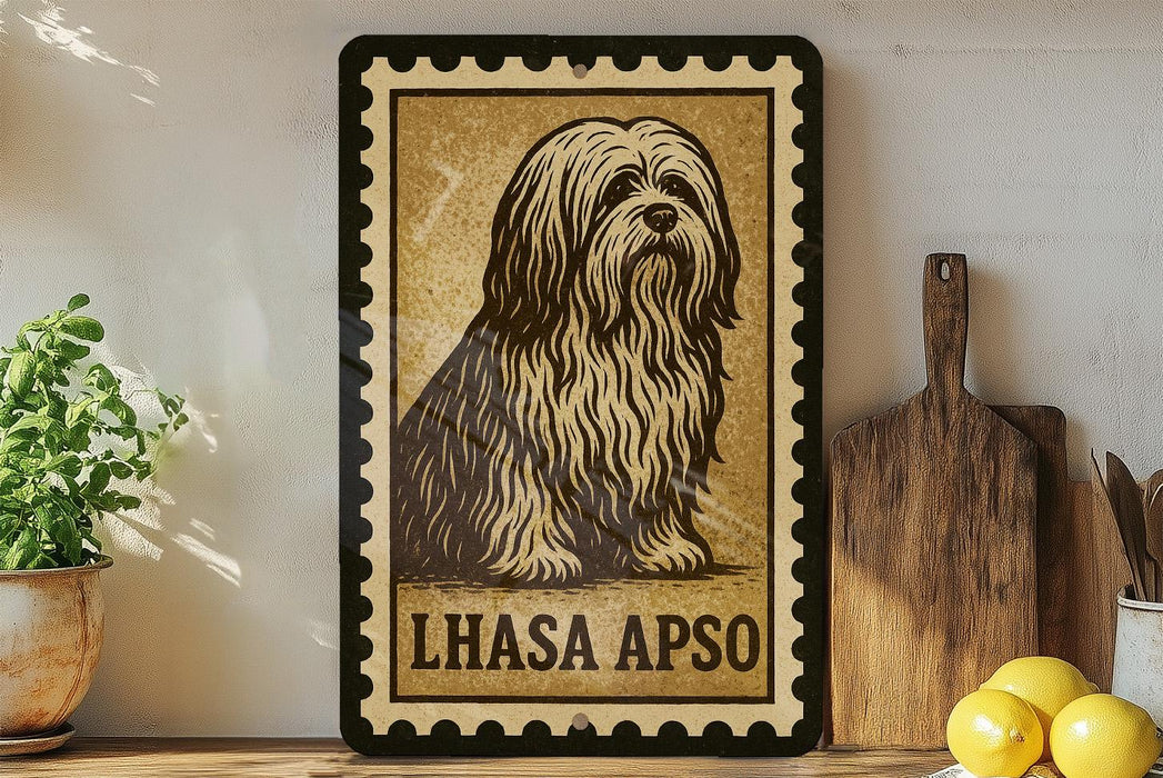 a framed illustration of a dog, specifically a Lhasa Apso, sitting on a wooden surface.