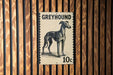 A greyhound dog is depicted on a postage stamp-like sign, mounted on a wooden wall.