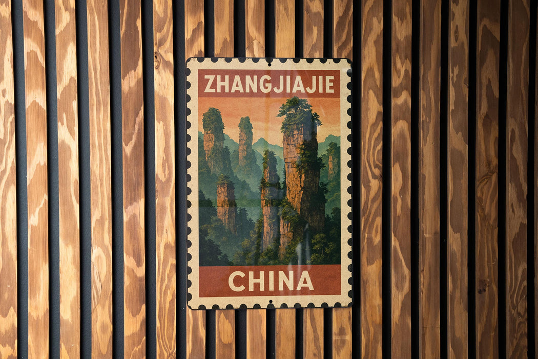 A vintage postage stamp from China featuring a mountainous landscape with the text "ZhangJiajie" and "CHINA" printed on it.