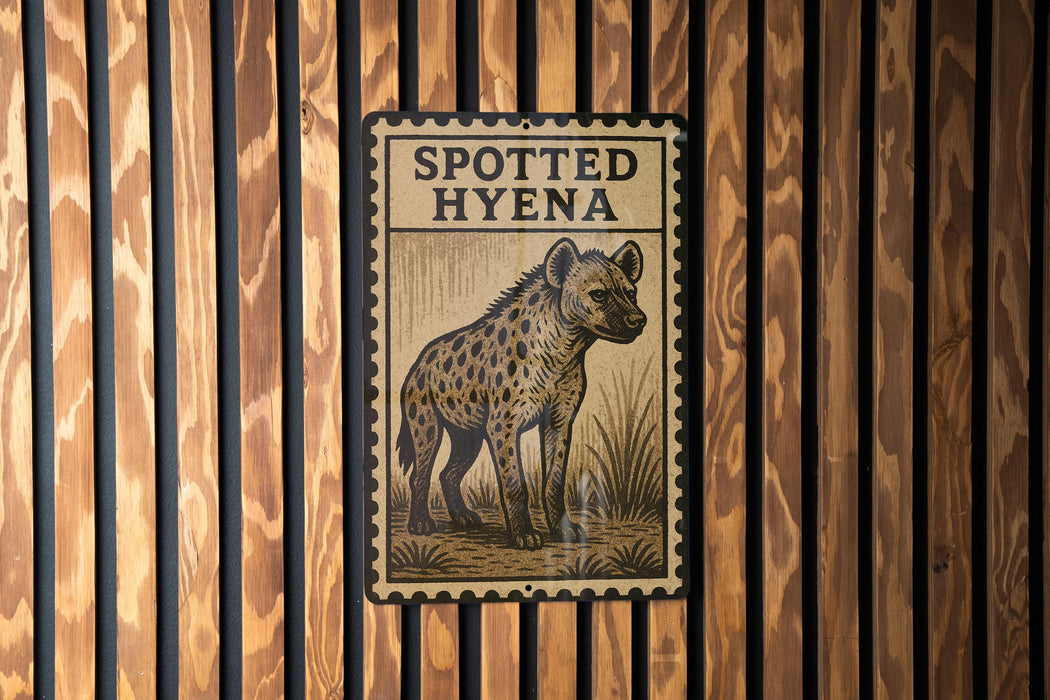 a sign with the text "SPOTTED HYENA" and an illustration of a spotted hyena.