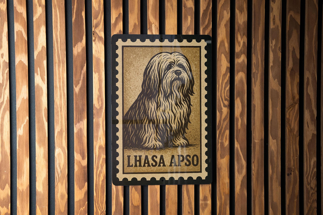 a wooden wall with a framed stamp-like artwork depicting a dog.