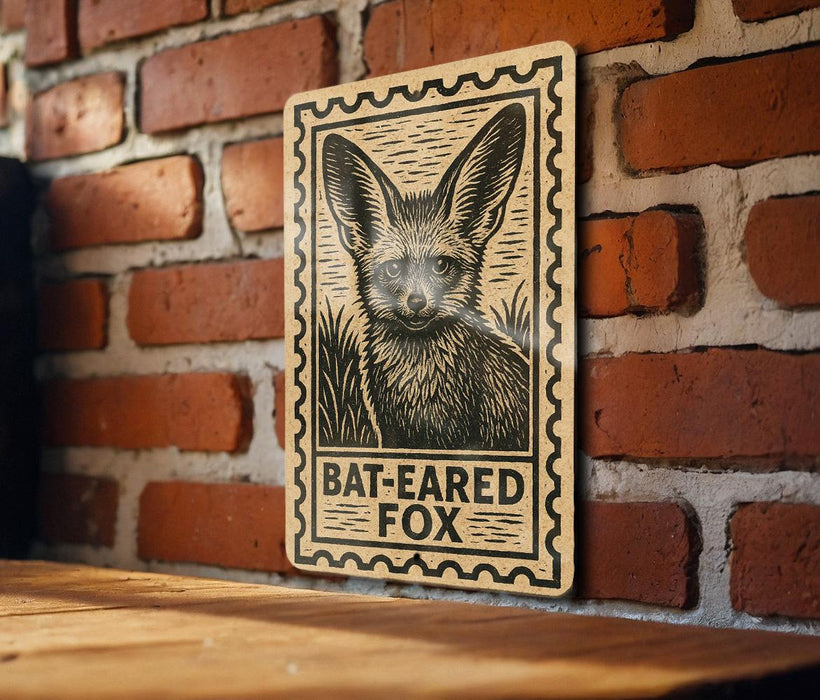 A wooden sign with a bat-eared fox illustration is mounted on a brick wall.