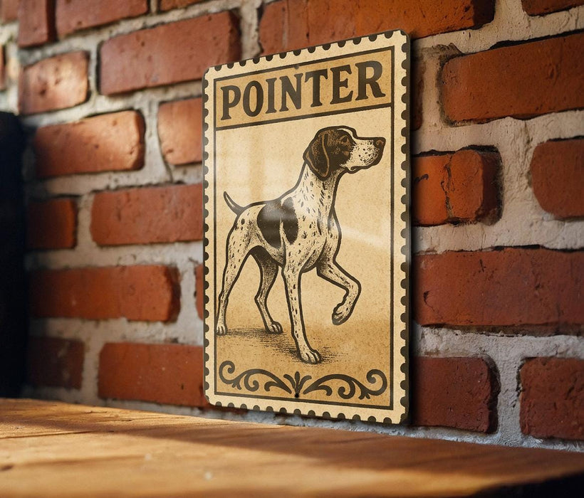 a wooden table with a framed illustration of a dog, specifically a Pointer, mounted on a brick wall.