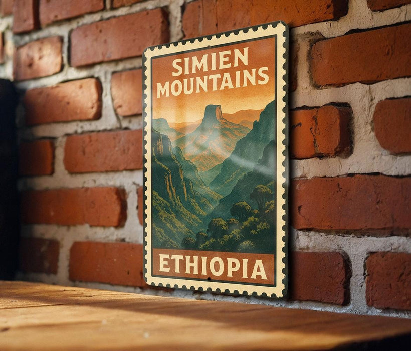 A vintage-style poster of Simien Mountains in Ethiopia, featuring a mountainous landscape with a warm, orange glow.