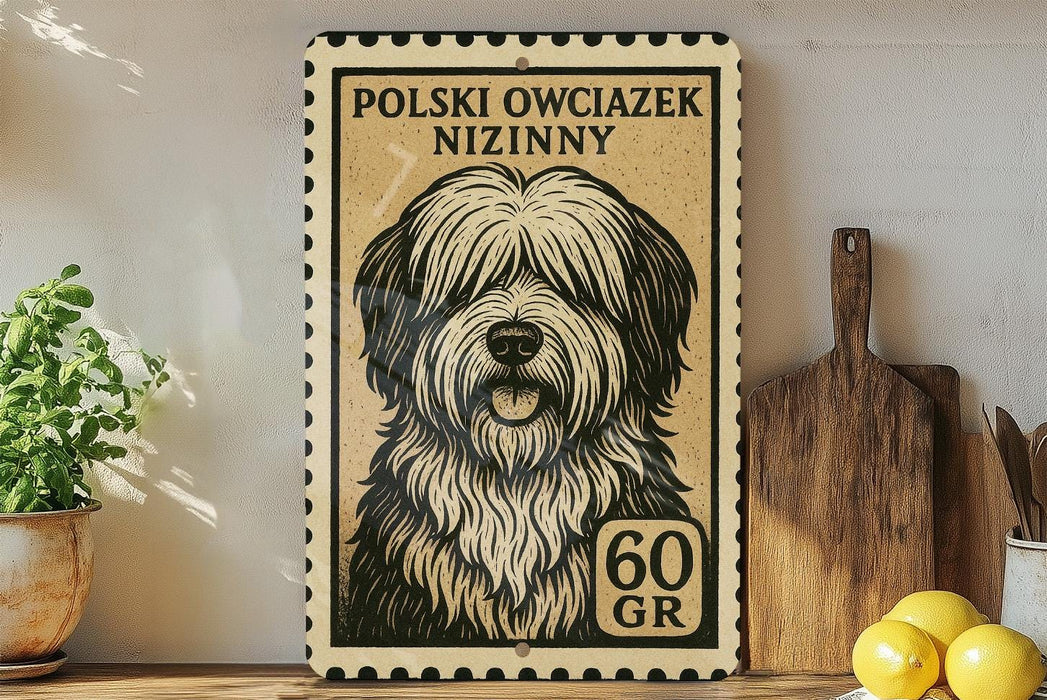 A framed image of a shaggy dog with a black and white coat, resembling a postage stamp, is displayed on a shelf next to a wooden cutting board and some lemons.