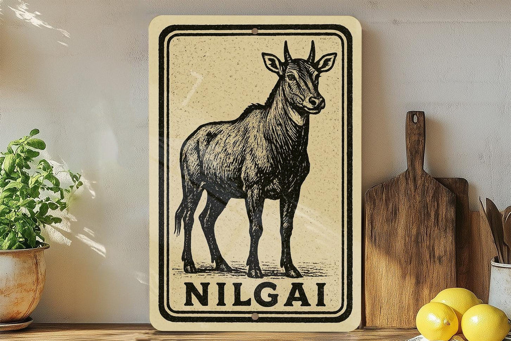 a decorative sign with a black and white illustration of a goat, placed on a wooden surface next to a wooden cutting board and some lemons.