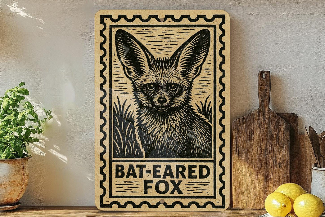 A wooden sign with a bat-eared fox illustration, accompanied by the text "BAT-EARED FOO" on a shelf.