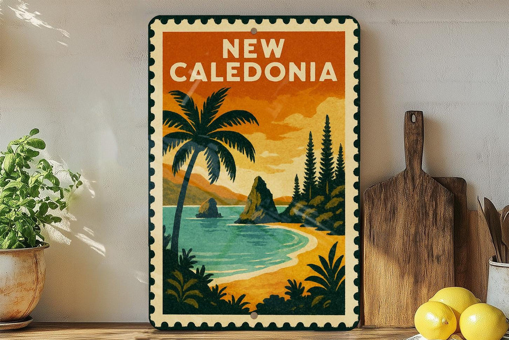 A vintage-style metal sign with a tropical beach scene, palm trees, and a sunset over the ocean, displayed on a shelf next to a wooden cutting board and some lemons.