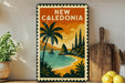 A vintage-style metal sign with a tropical beach scene, palm trees, and a sunset over the ocean, displayed on a shelf next to a wooden cutting board and some lemons.