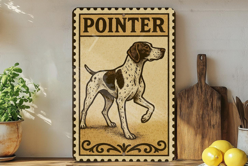 a vintage-style metal sign with the name "POINTER" and an illustration of a dog, placed on a wooden surface next to a potted plant and a wooden cutting board.
