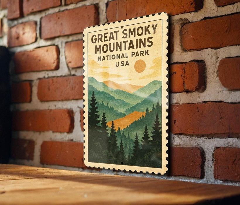 A framed poster of the Great Smoky Mountains National Park in the United States, featuring a scenic mountain landscape with pine trees and a sunset.