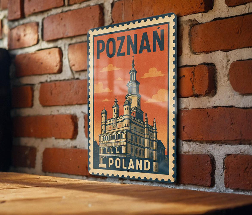 A vintage-style metal sign with the text "POZNAN POLAND" and an illustration of a castle-like building, mounted on a brick wall.
