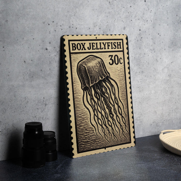 A metal box jellyfish stamp with the text "BOX JELLYFISH 30c" is displayed on a table next to a stack of black camera lenses.