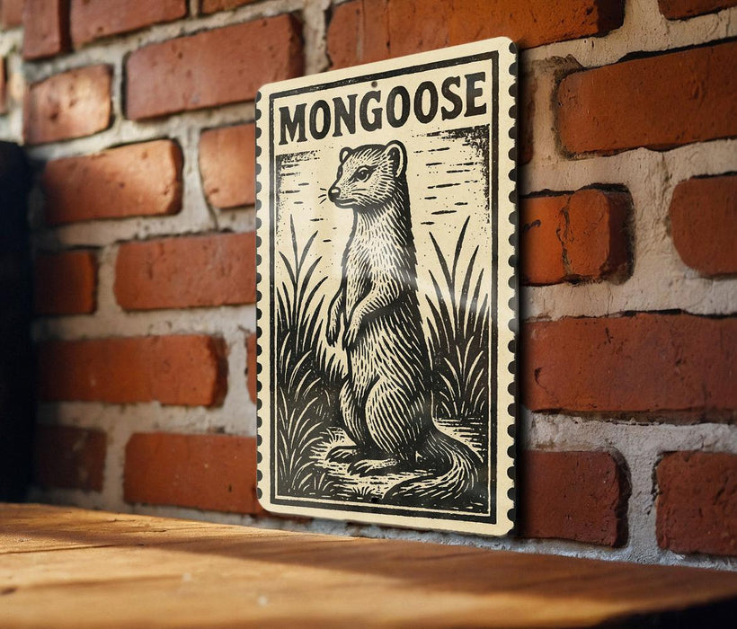 a wooden table with a framed illustration of a mongoose on it, mounted on a brick wall.
