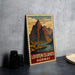 A vintage-style poster of the Lofoten Islands in Norway, featuring a mountain landscape with a small cabin in the foreground.