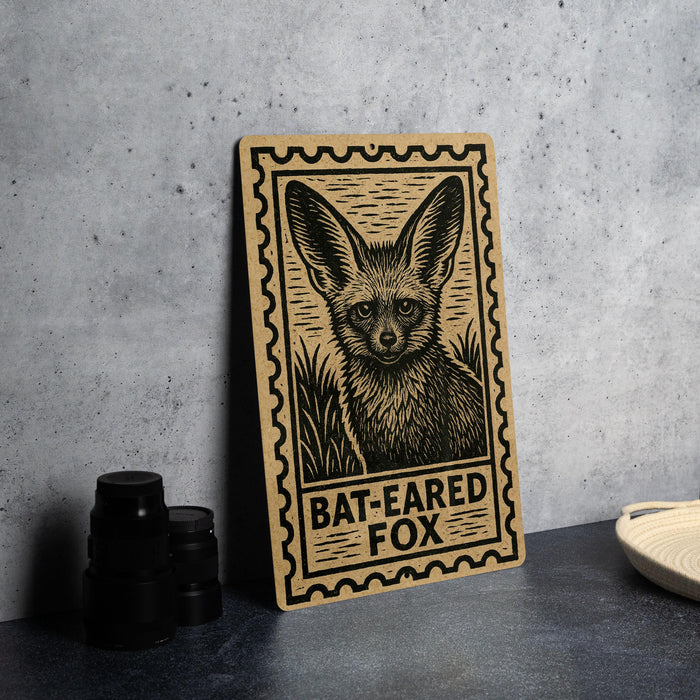 A wooden sign with a bat-eared fox illustration and the text "BAT-EARED FOX" is displayed on a table.