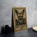 A wooden sign with a bat-eared fox illustration and the text "BAT-EARED FOX" is displayed on a table.
