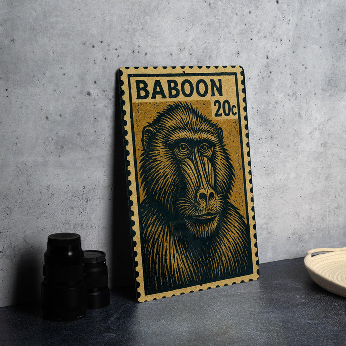 A framed stamp-like artwork depicting a monkey's face, with the text "BABOON 20c" printed on it, is displayed on a table next to some black camera lenses.