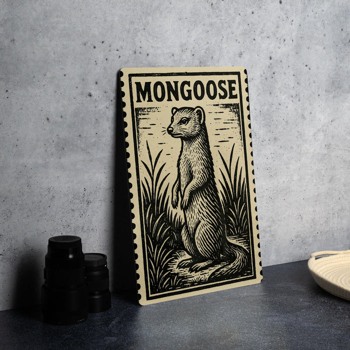 a framed illustration of a mongoose, a type of small, agile rodent, standing in a grassy area.