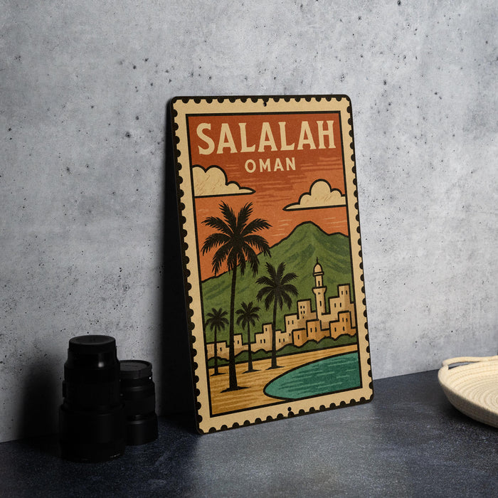A vintage-style metal sign with a colorful illustration of a coastal city and palm trees, featuring the text "SALALAH OMAN" on it.