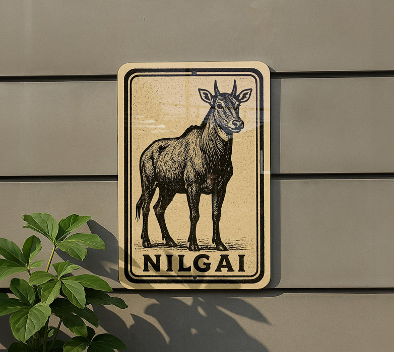 a sign with a drawing of a giraffe and the word "NILGAI" below it.