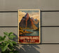 A vintage-style sign for the Lofoten Islands, Norway, featuring a mountain landscape with a small cabin in the foreground.