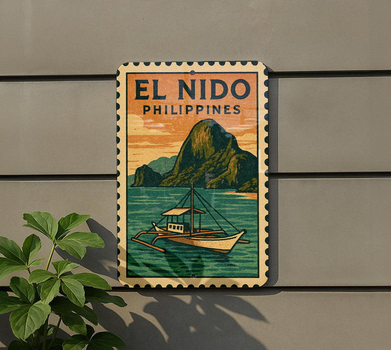 a sign that reads "EL NIDO PHILIPPINES" with a depiction of a boat on the water.