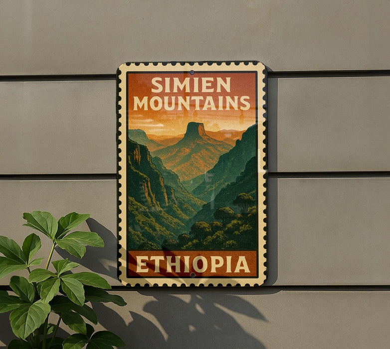 A vintage-style postage stamp depicting Simien Mountains in Ethiopia, with a lush green landscape and a warm, orange sky.