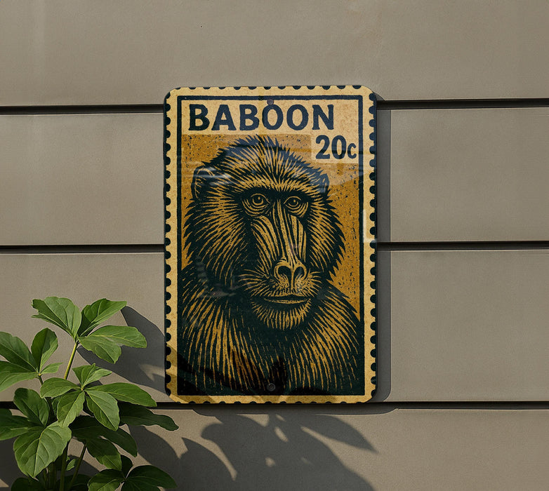 a large, detailed stamp-like artwork of a baboon on a wall, with a price of 20 cents.