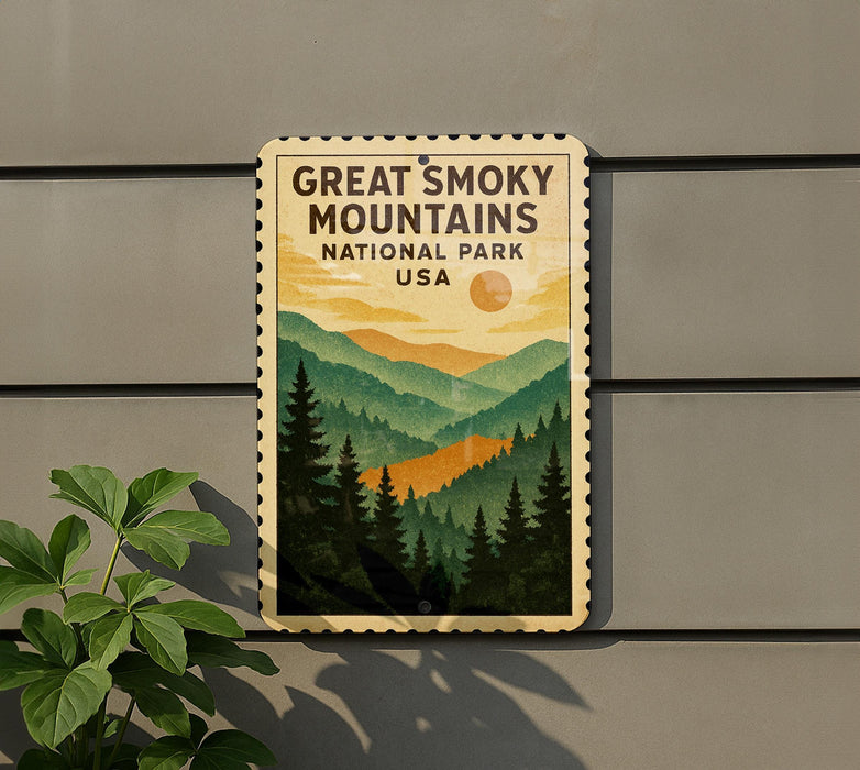 A framed poster of the Great Smoky Mountains National Park in the United States, featuring a scenic mountain landscape with pine trees and a sun in the sky.