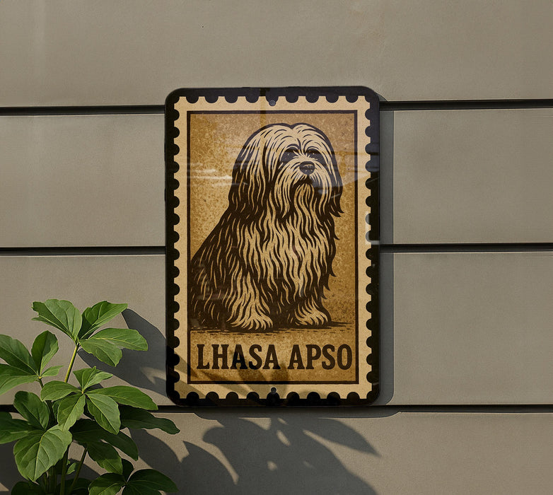 a large brown and black dog sitting on a wall, with a stamp-like border around it.