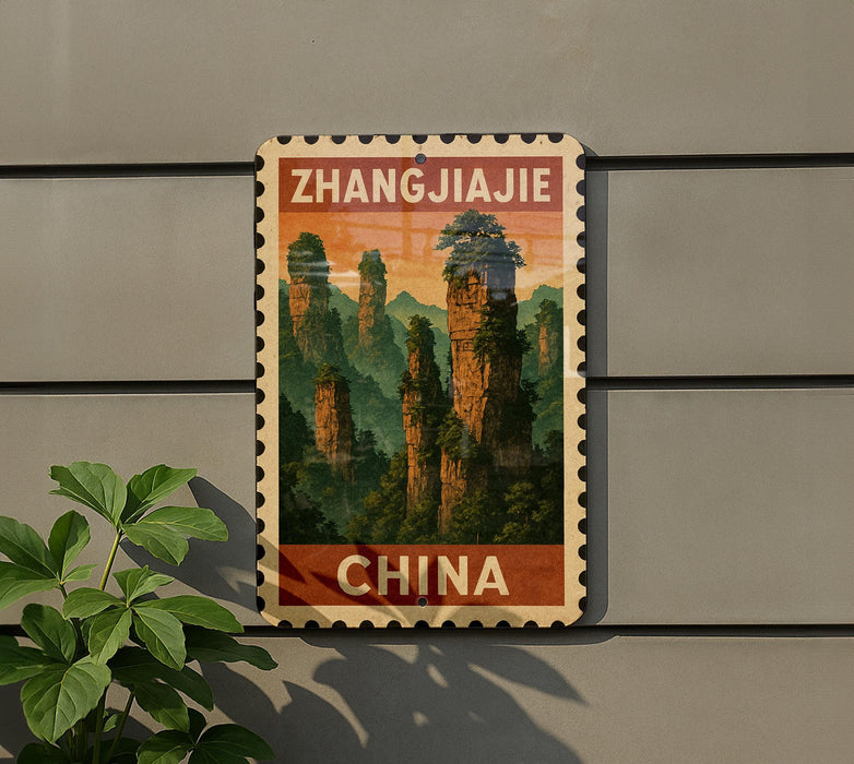 A vintage postage stamp depicting the famous rock formations of the Banjo Mountains in China, with the text "Zhangjiajie CHINA" prominently displayed.