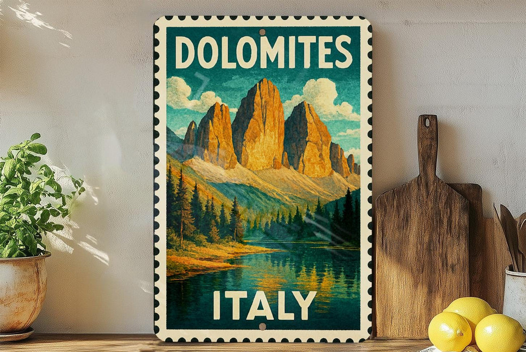 A vintage-style poster of Dolomites, a famous mountain range in Italy, displayed on a wall next to a wooden cutting board and some potted plants.