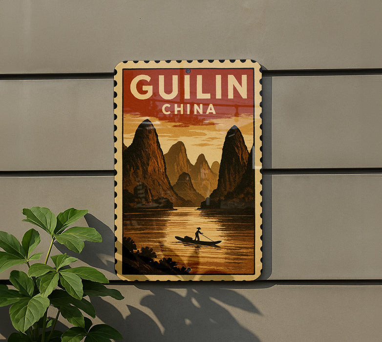 A vintage-style poster of Guilin, China, featuring a person paddleboarding on a lake with mountains in the background.