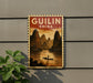A vintage-style poster of Guilin, China, featuring a person paddleboarding on a lake with mountains in the background.