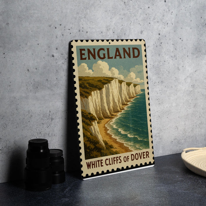A metal sign with the text "ENGLAND" and "WHITE CLIFFS OF DOVER" is displayed on a table, depicting a scenic coastal landscape with cliffs overlooking the ocean.
