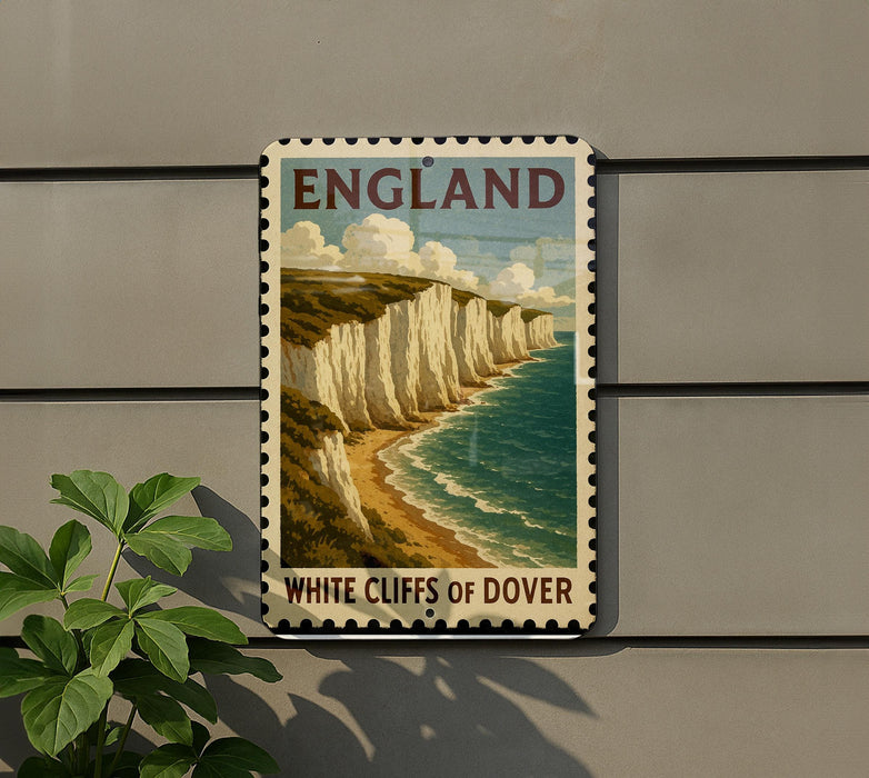 A vintage-style postage stamp depicting the White Cliffs of Dover, a famous landmark in England.