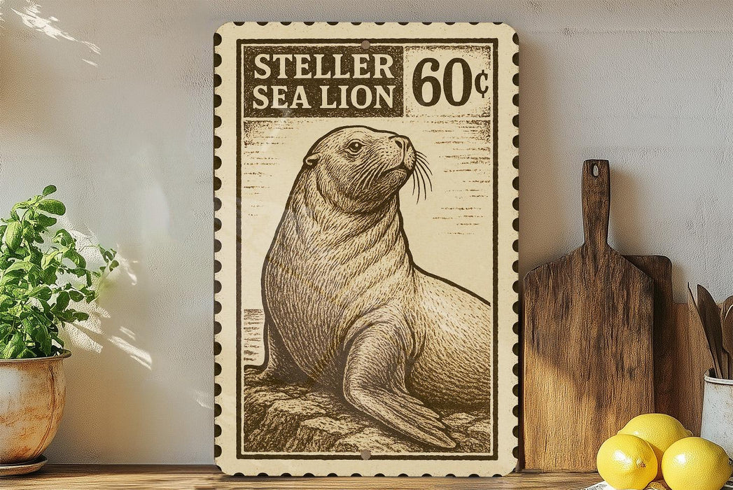 a framed stamp-like artwork depicting a sea lion, with a price tag of 60 cents. The artwork is displayed on a shelf next to a wooden cutting board and a potted plant.