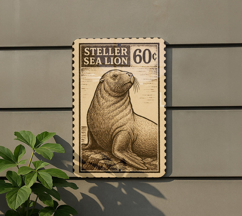a sea lion on a postage stamp-like frame, mounted on a wall.