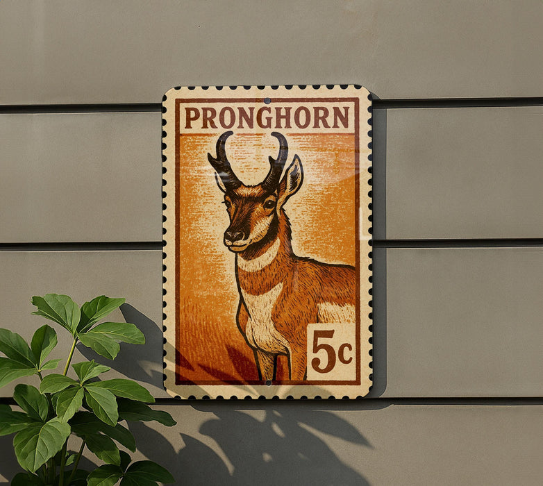 a 5c postage stamp with an illustration of a deer or antelope on it, mounted on a wall.