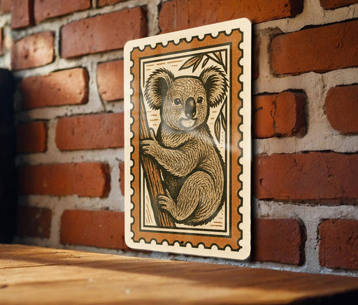 A wooden table with a framed illustration of a koala bear on it, mounted on a brick wall.