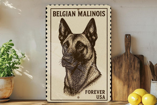 A framed image of a Belgian Malinois dog, with the text "Belgian Malinois Forever USA" printed on it, is displayed on a shelf next to a wooden cutting board and a potted plant.