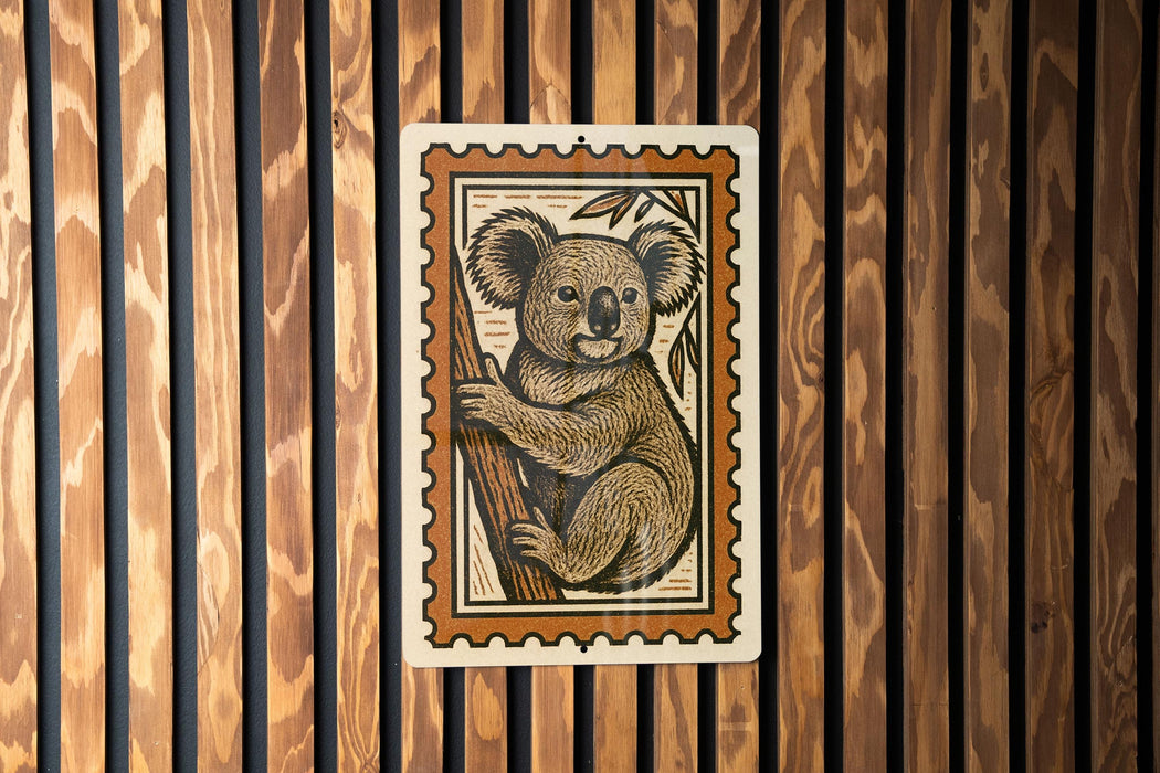A koala bear illustration is displayed on a wooden wall, with a wooden slat pattern in the background.