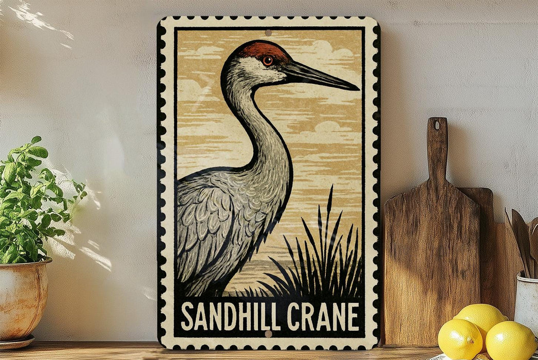 A framed illustration of a sandhill crane is displayed on a shelf, accompanied by a wooden cutting board, a potted plant, and some lemons.
