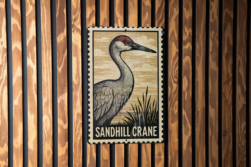 A metal stamp-like sign featuring a sandhill crane is displayed on a wooden wall.