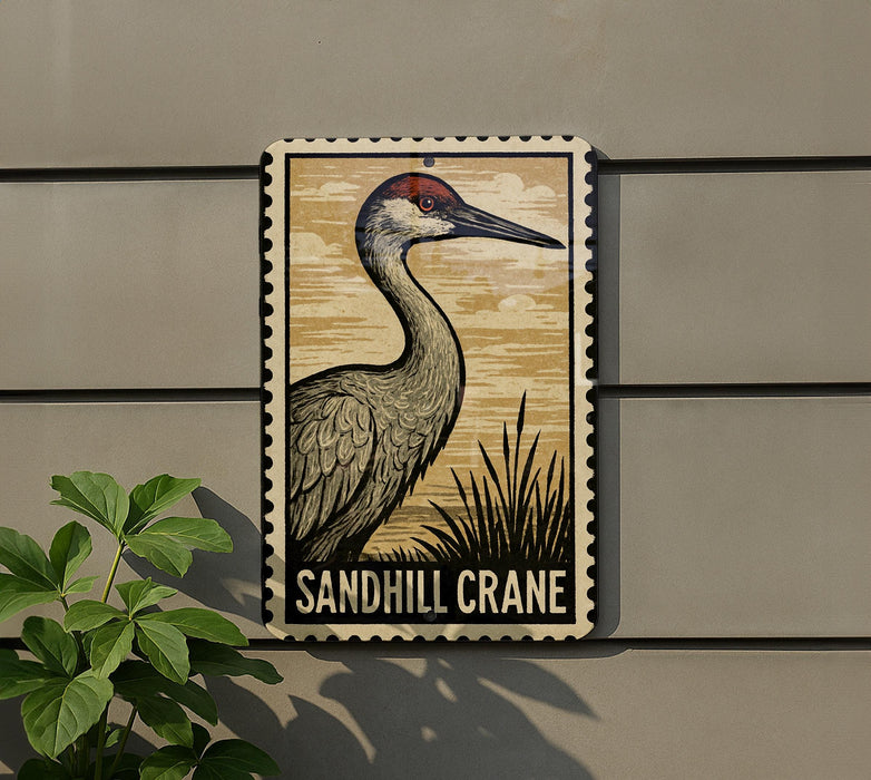 A sign featuring a sandhill crane is mounted on a wall, with a plant visible to the left.