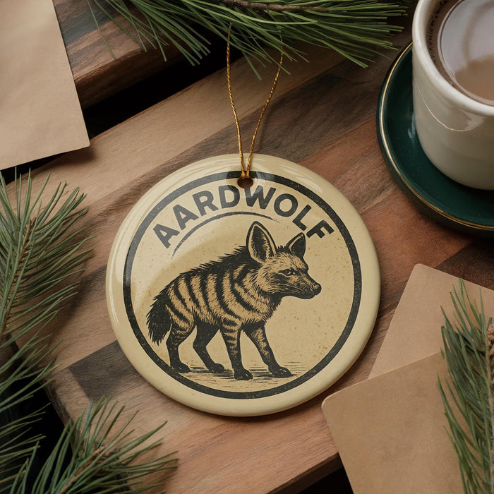 A circular ornament featuring a cartoon image of a hyena, with the text "Aardwolf" written around the edge. The ornament is placed on a wooden surface, surrounded by pine branches and a cup of coffee.