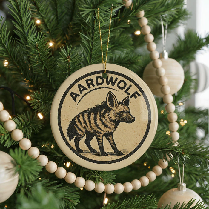 A Christmas tree decorated with ornaments, including a circular ornament with a picture of a hyena and the text "Aardwolf" on it.