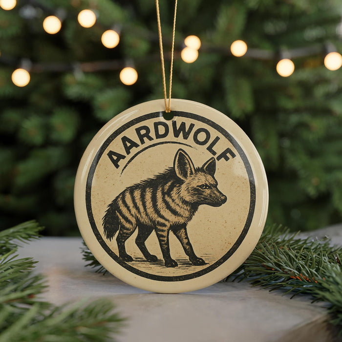 A circular ornament featuring a stylized illustration of a hyena, with the text "Aardwolf" prominently displayed.
